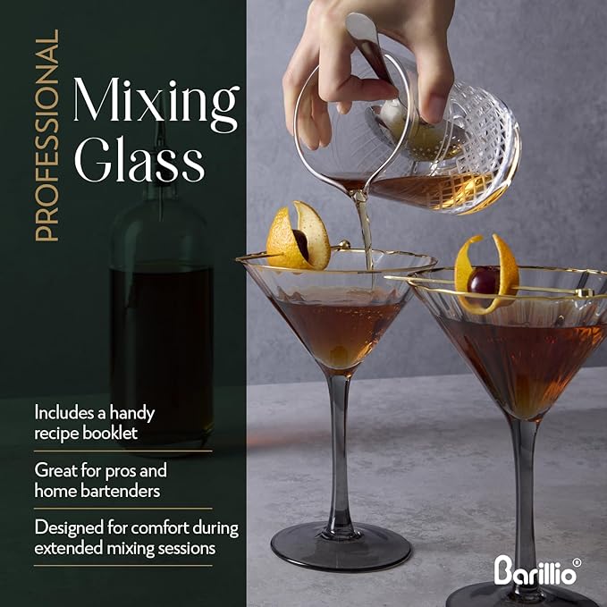 Barillio 20 Oz Crystal Cocktail Mixing Glass with Bamboo Stand & Bar Tools | Seamless Lead-Free Crystal, Weighted Base Stirring Pitcher | Including Muddler, Mixing Spoon, Jigger and Strainer