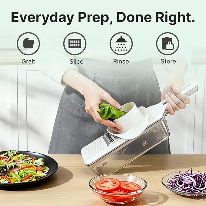 Mandoline Slicer for Kitchen with Drain Box, 6-in-1 Vegetable & Cucumber Slicer with Safety Guard, Extended Handle, Easy Clean Slice-Rinse-Store Design for Salad Prep & Daily Cooking
