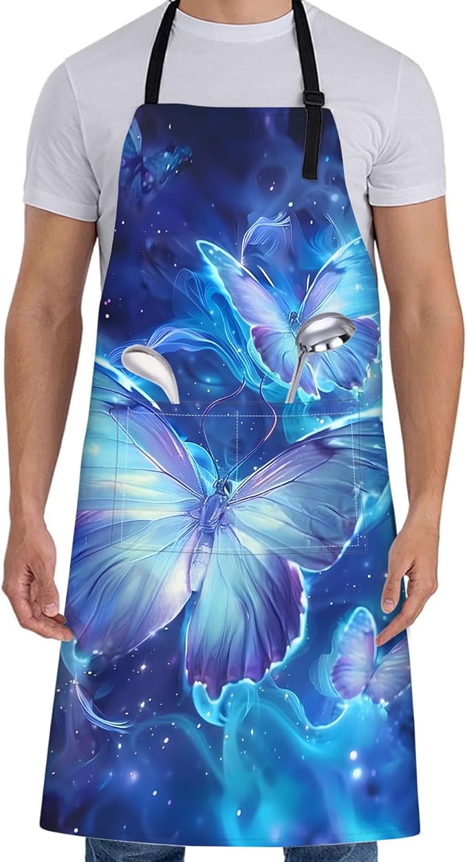Glowing Blue Butterfly Apron for Women with Galaxy,28x33in,Cosmic Kitchen Aprons with 2 Pockets,Oxford Fabric,Artistic Adjustable Apron for Cooking Baking Gardening Chef,Gifts for Mom Wife