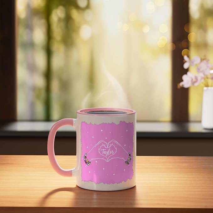 Heart Hands Taylor First Name Girl Vintage 70's 80's Ceramic Mug, Pink/White