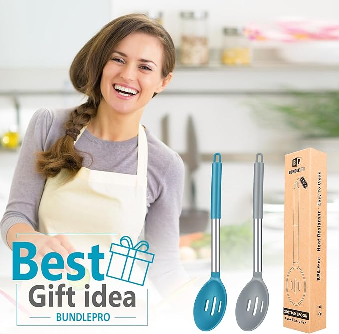 Pack of 2 Large Silicone Slotted Spoon Kitchen Skimmer with High Heat Resistant BPA Free Non Stick Cooking Ladle Strainers For Draining and Frying (Gray-Blue)