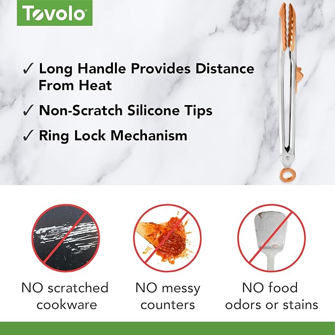 Tovolo Tongs With Silicone Tips Easy Grip 13” Long Kitchen Tongs Stainless Steel Handle For Cooking BBQ, Non Scratch Heat Resistant Metal Tongs Silicone Tipped Dishwasher Safe BPA Free Apricot Orange