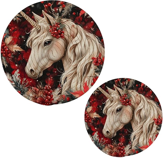 Unicorns Christmas Berries Kitchen Trivets Pot Holders Set of 2, Trivets for Hot Pots Dishes Woven Trivet Coaster Pad Mat for Counter