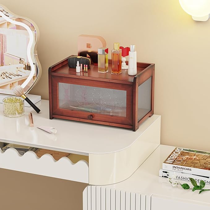 BAMBANG Bamboo Bread Box for Kitchen Countertop, Large Capacity Bread Storage Container Farmhouse Bread Box with 3 Sides Wavy & Back Clear Window, Breadbox Bin Holder for Homemade Bread, Rustic Brown