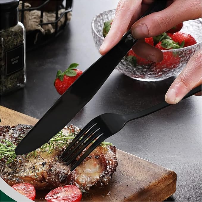 Black Silverware Set, Stainless Steel Flatware Set 30 Pcs for 6, Includes Forks Knives Spoons, Mirror Polished Eating Utensils Sets, Durable Restaurant Cutlery Set - Dishwasher Safe
