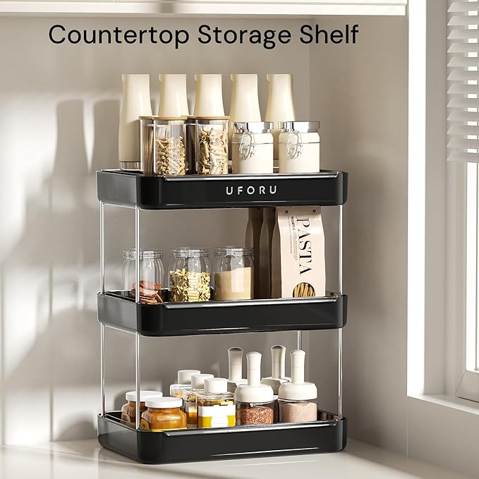 Countertop Coffee Station Organizer, 3 Tier Wine Glass Holder, Mug Shelf with Removable Drain Tray, Spice Rack for Kitchen, Bathroom Countertop Organizer, Black