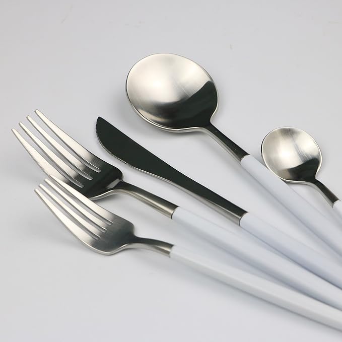 Customized 5-Piece 18/10 Stainless Steel Flatware Set, Serive for 1, With Fork Spoons Knife Teaspoon Dessert Fork for Home Kitchen Restaurant Hotel (White + Silver)
