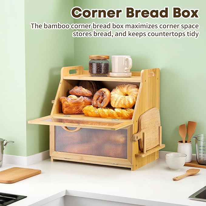 Bread Box for Kitchen Countertop, Large Bread Storage Container for Homemade Bread, Bamboo Farmhouse Organizers, Double Layer Bread Bin with Acrylic Window Holder,Natural