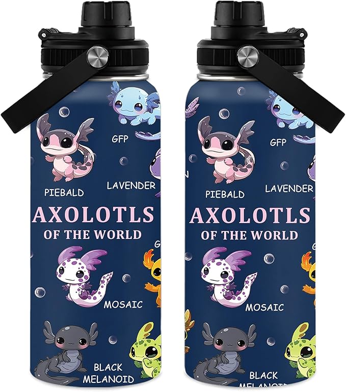 Axolotl Gifts, 32 oz Insulated Water Bottle, Double Wall Vacuum Stainless Steel Water Bottles, Cute Axolotl Water Bottles for Sports Travel, Gifts for Girls Women (1pcs)