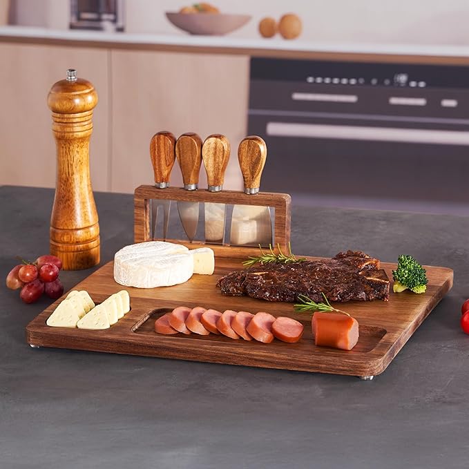 Acacia Wood Charcuterie Board, Cheese Board Set with Magnetic Knife Holder, 14"x 11" Large Serving Tray for Meat and Cheese, Ideal Gift for Anniversary, Christmas, Thanksgiving, Wedding, Halloween