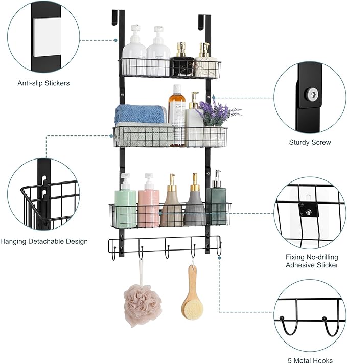 Over the Door Pantry Organizer 3 Tier Hanging Basket Back Door Storage Rack Shelf Metal Over the Door Shelves with 3 Baskets and 5 Hooks for Bathroom Kitchen Pantry Bedroom, Black