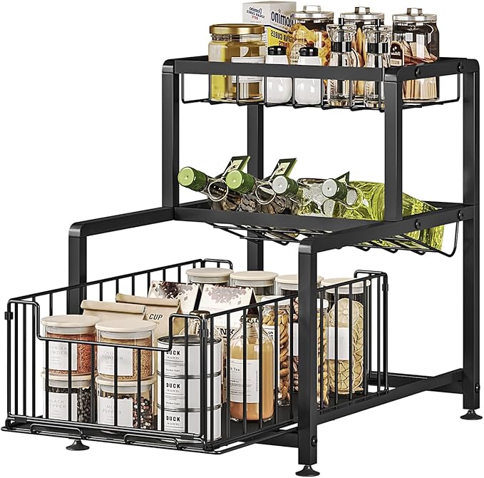 Pull Out Spice Rack Organizer for Cabinet Kitchen Storage Shelf Slide Out Drawer Counter Shelves Slip-Resistant Design for Jars and Bottles Space-Saving (Black, 3Tier)