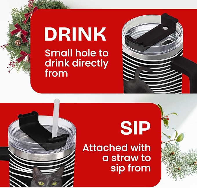 34HD Black Cat Tumbler with Handle and Straw, 40 oz Stainless Steel Vacuum Insulated Hide and Seek Mug Kitty, Cat Gifts for Men Women Mothers Day Birthday Christmas