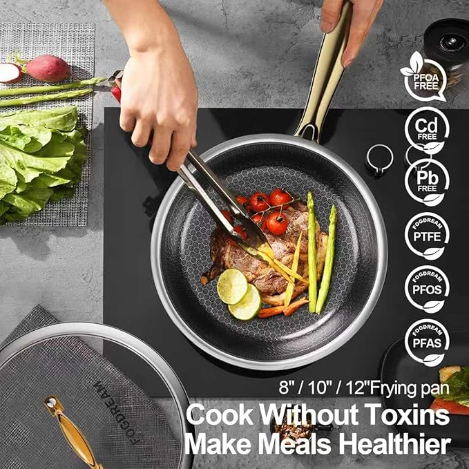 Fogdream 10” Stainless Steel Pan, Non Stick Frying Skillet with Lid, Tri-Ply Stainless Steel for All Cooktops, Dishwasher and Oven-Safe Cooking Pan, Stay-Cool Handle, Gold