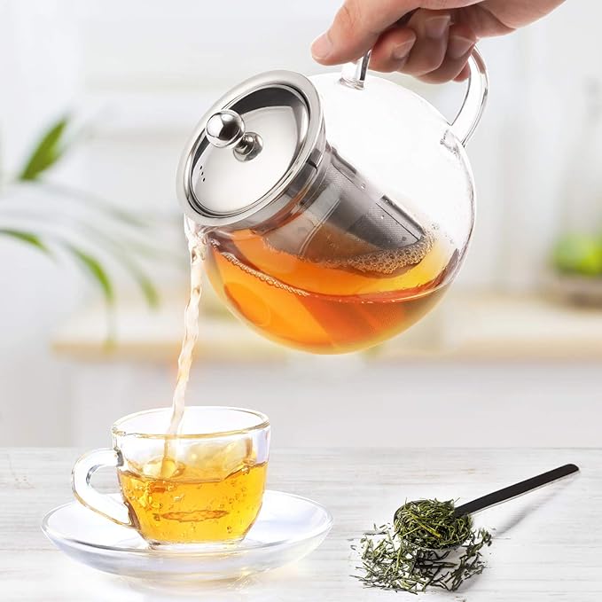 LHS Glass Teapot with Stainless Steel Infuser, Borosilicate Glass Teapot Kettle for Loose Leaf Tea, Blooming Tea, Cold Brew, 1000ml