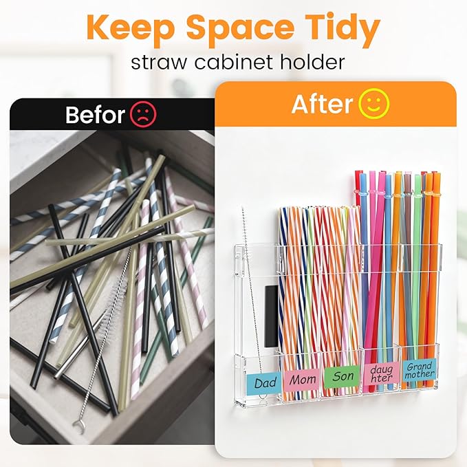 Acrylic Magnetic Straw Holder, Straw Organizer Dispenser with Two Pieces Magnet Sheets, Drinking Straw Storage Holder for Cabinet Door Fridge Counter Kitchen Office (Transparent)