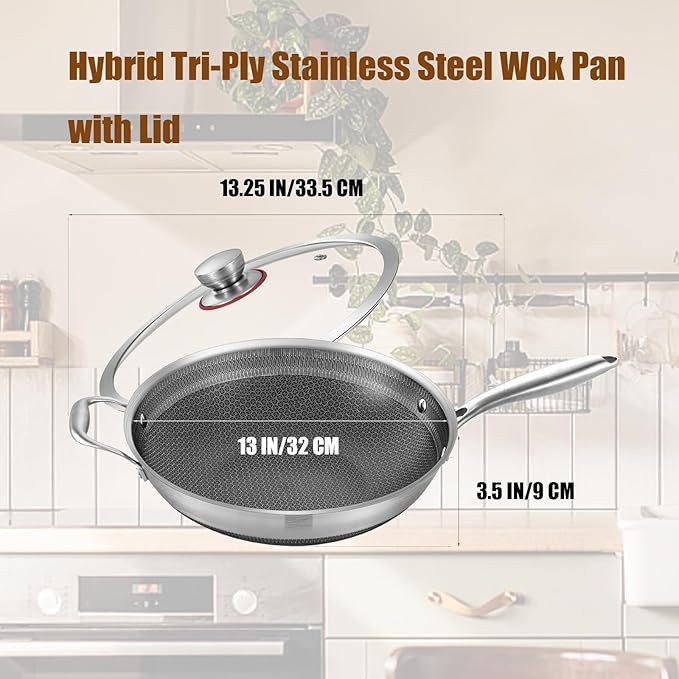 LOLYKITCH 13-inch Nonstick Wok & Stir-fry Pan with Lid, Induction Compatible, Tri-ply Stainless Steel Ceramic Coating Cookware, Perfect for Stir-frying, Sauté, and Simmering, Dishwasher and Oven Safe