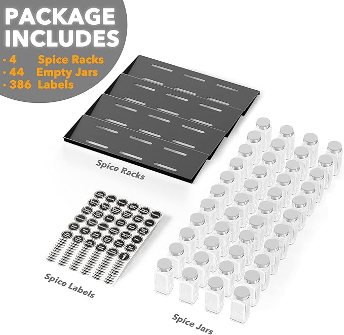 SpaceAid Spice Drawer Organizer with 44 Spice Jars, 386 Spice Labels, 4 Tier Seasoning Rack Tray Insert for Kitchen Drawers, 20.25" Wide x 17.5" Deep