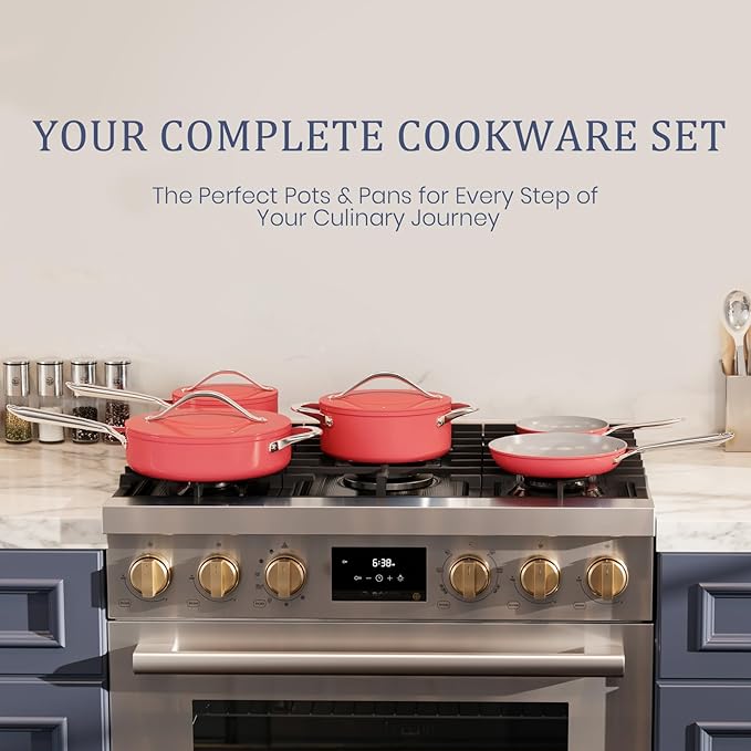 3.5QT Nonstick Ceramic Sauce Pan with Lid 8 Inch Ceramic Cookware Even Heat Distribution, Non Toxic PFAS-Free Healthy Cooking Pot for All Stovetops, Oven Safe Up To 500°F, Fusion Red