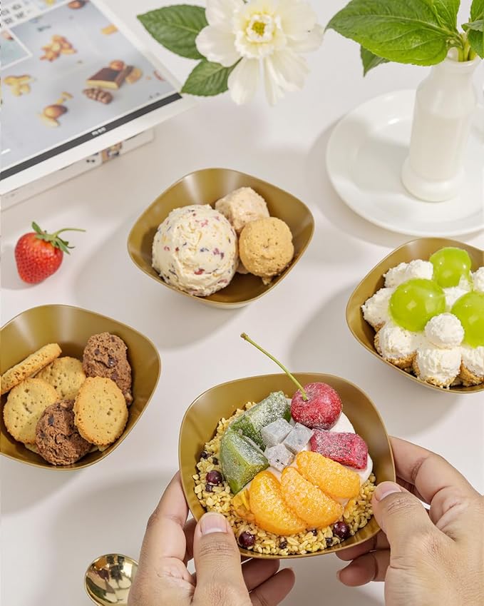 bUCLA 50Pack Gold Plastic Small Bowls - 8oz Disposable Ice Cream/Salsa/Dipping/Dessert/Sauce/Small Serving Bowls for Party