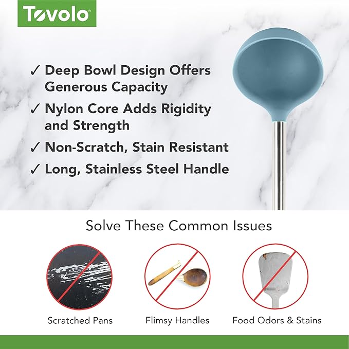 Tovolo Silicone Ladle With Stainless Steel Handle Deep Soup Ladle for Cooking Canning Serving Soup Punch Stew Sauce, Large Kitchen Utensil Spoon Dishwasher Safe BPA Free Silicone, Blue Slate