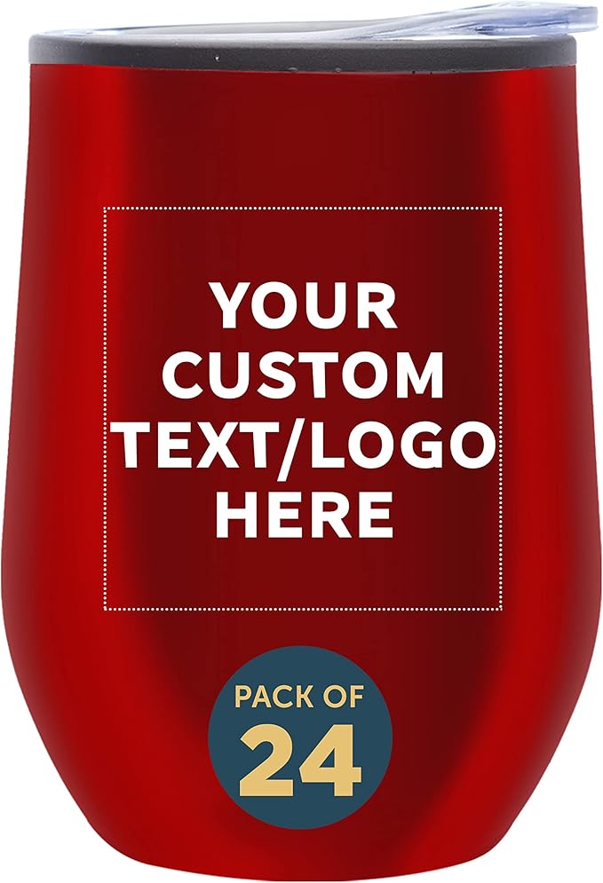 Custom Stemless Wine Tumblers 12 oz. Set of 24, Personalized Bulk Pack - Insulated, Perfect for Wine, Cocktails, Other Hot & Cold Beverages - Red