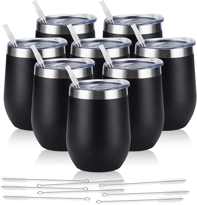 8 Pack 12Oz Stainless Steel Wine Tumblers, Insulated Wine Tumbler, Double Wall Insulated Wine Glass, Stainless Steel Stemless Wine Cups with Lids for Coffee, Wine, Cocktails, Champaign, Black