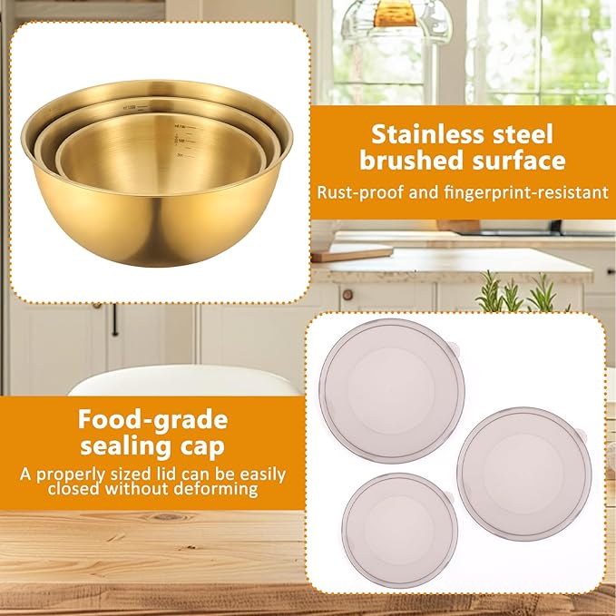 Gold Mixing Bowls with Airtight Lids Stainless Steel Mixing Bowl Set of 3 Metal Nesting Organizers and 1 Colander Non-slip Bottom for Baking Serving Food Size 2.22, 1.27,0.74 QT, Stackable