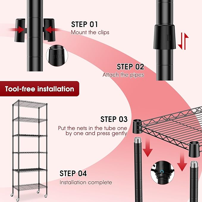 2 PACK 750 lbs Capacity Heavy Duty Garage Wire Rack Shelving, Adjustable 6-Shelf Metal Shelving with Wheels, 14"D x 24"W x 71"H Space-Saving Rolling Storage Shelves for Closet, Kitchen & Garage, Black