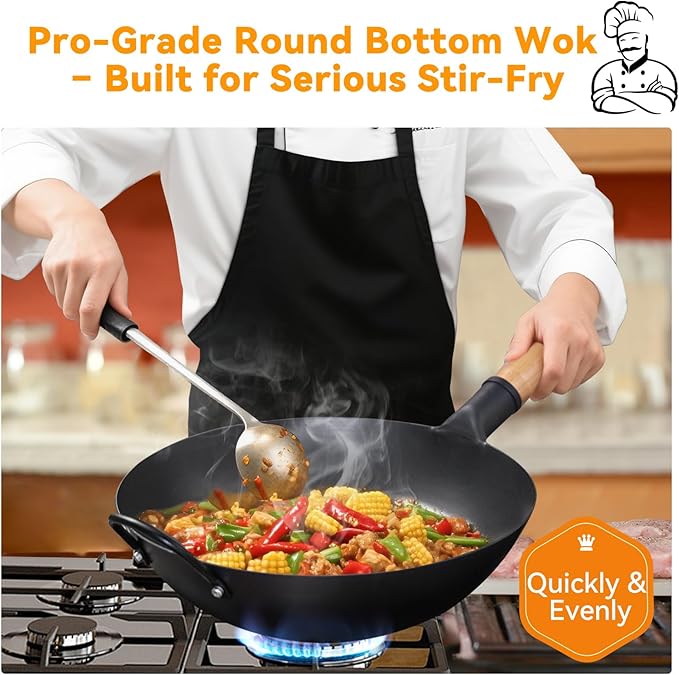 WANGYUANJI 14.2 Inch Round-Bottom Iron Wok, Deep Chinese Stir-Fry Pan (Seasoning Required), Wok Ring Required, Not Flat-Top/Induction — No Lid, No Ring,Wooden Handle, Coating-Free