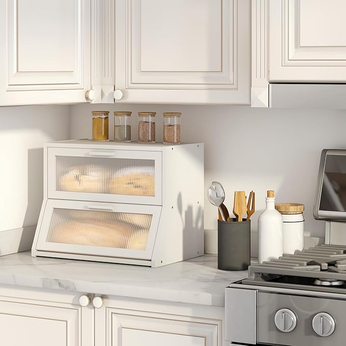 White Large Bread Box for Kitchen Counter, Bamboo Wooden Double Layer Large Capacity Bread Storage Bin with Acrylic Wavy Door Panel