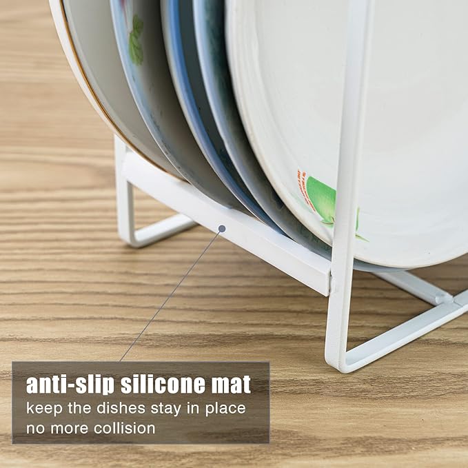 Plate Holders Organizer for Kitchen Cabinet Counter Cupboard, 4Pcs Metal Dish Storage Drying Display Rack, Upright Stand for Storing Pans Lids Dish Trays (2 Small and 2 Large, White)