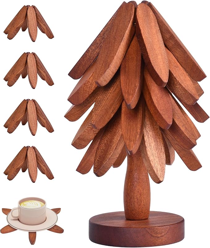 Christmas Tree Coasters - Wooden Trivets for Hot Dishes, Tree Shape Set - 5 Walnut Wood Trivets + 1 Stand (8.8 Inches)