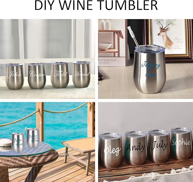 6 Pack Stainless Steel Wine Tumblers, 12Oz Insulated Wine Tumbler, Double Wall Insulated Wine Glass, Stainless Steel Stemless Wine Cups with Lids for Coffee, Wine, Cocktails, Champaign, Silver
