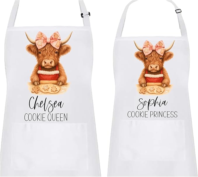 Personalized Mommy & Me Highland Cow with Bow Apron Set – Christmas Matching Family Baking Gift