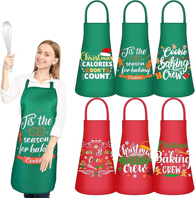 6 Pack Christmas Kitchen Aprons for Women Men Adjustable Holiday Apron with Pocket Funny Christmas Aprons for Cooking Party Xmas Party Gift (6 Design)