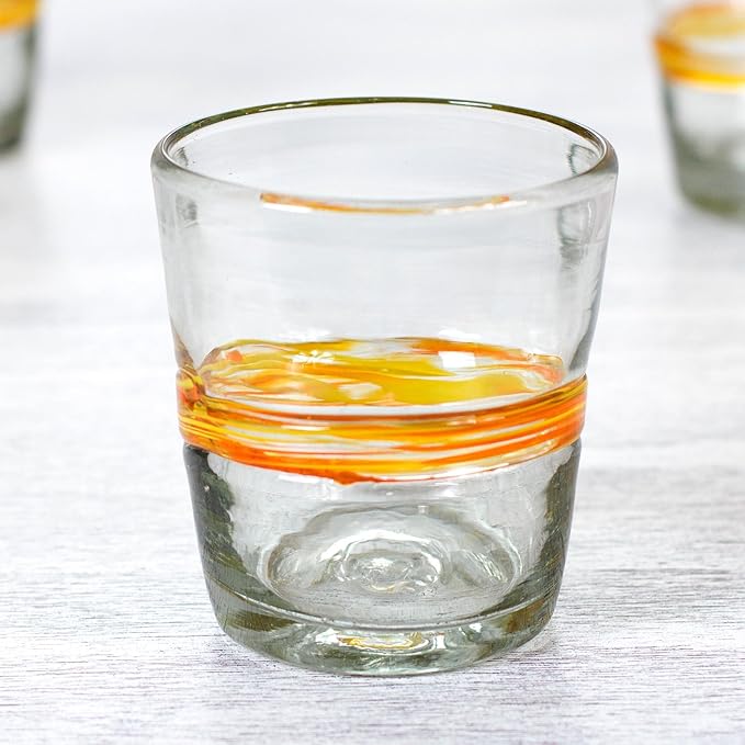 NOVICA Artisan Handblown Recycled Ecofriendly Rock Glasses Set 6 in Golden Hues Clear Yellow Mexico Tableware Drinkware Tumbler Juice Striped Misted Hacienda [ 3.5in H x 3.5in Diam. 10 Oz.] ' Ribbon