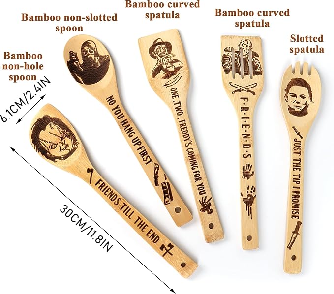 5Pcs Horror Movie Merchandise - Wooden Spoons for Cooking, Halloween Kitchen Accessories, Engraved Bamboo Cooking Utensils, Horrors Movie Decor, Horrors Movie Gifts