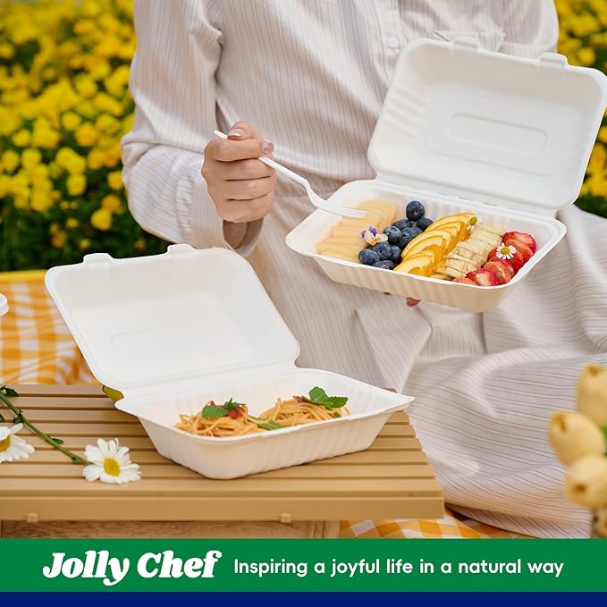 JOLLY CHEF Clamshell Take Out Food Containers, [9 * 6" 75-Pack] To Go Containers Disposable, Sugarcane To Go Boxes for Salad,Lunch