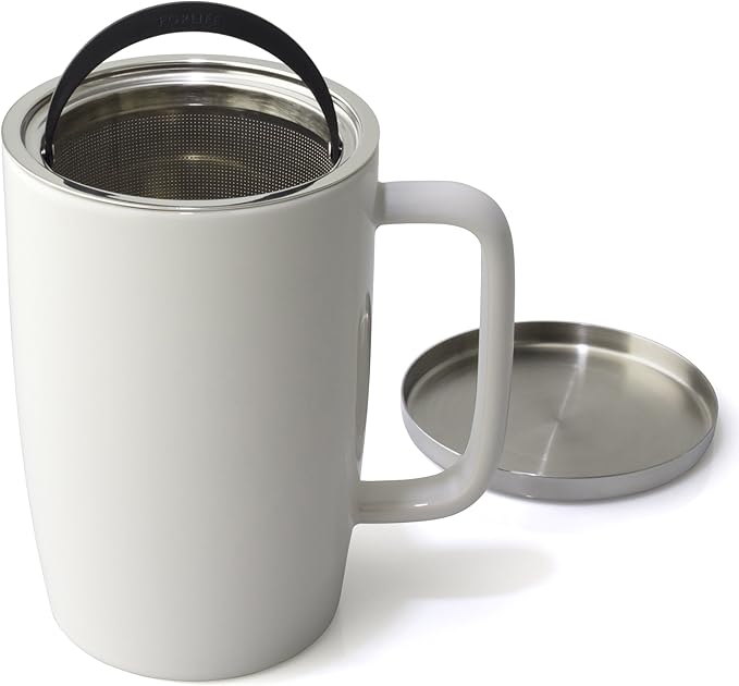 FORLIFE Dew Glossy Finish Brew-In-Mug with Basket Infuser & "Mirror" Stainless Lid 18 oz., White