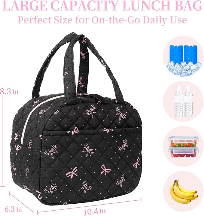 Quilted Lunch Box for Women,Lunch Box for Teen Girls,Cute Black Bow Lunch Bags for Work, School,Office,Picnic,Travel (black bow polka dots)