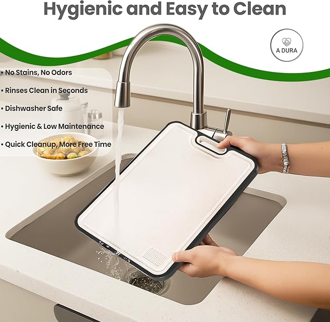 A DURA Titanium Cutting Board with Double-Sided Design - Pure Titanium, Wheat Straw PP, Juice Groove Garlic, Grinding Zone Chopping Board for Meat, Vegetables & Fruits, Dishwasher Safe, Easy to Clean,