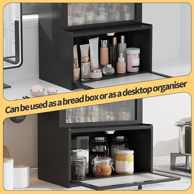 Double Layer Bamboo Bread Box for Kitchen Counter,Bread Holder,Countertop Bread Storage with Window (Black)