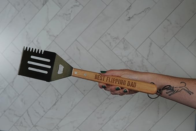 Grill Spatula for Kitchen, Stainless Steel BBQ Scraper, Customized Flat Top Flipper with Wooden Handle-Best Flipping DAD