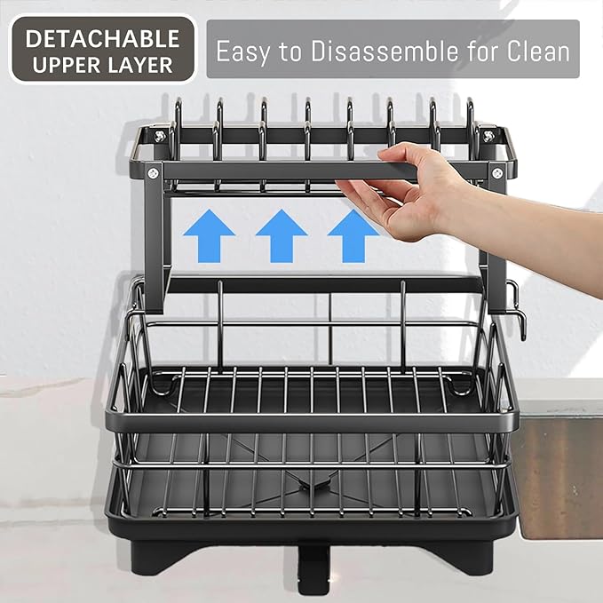 BCWW Drying Rack Kitchen, 2 Tier Dish Drying Rack, Space-Saving Large Dish Racks for Kitchen Counter with Drainboard Extendable Spout Strainers & Utensil Holder and Knife Slots (White)
