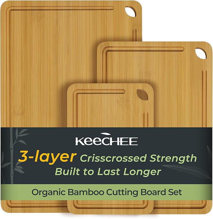 Wood Cutting Board for Kitchen - Reversible Bamboo Cutting Boards Gift Set of 3 with Juice Groove, Wooden Chopping Board for Meat, Fruit, Vegetables & Cheese (Pre Oiled, Natural)