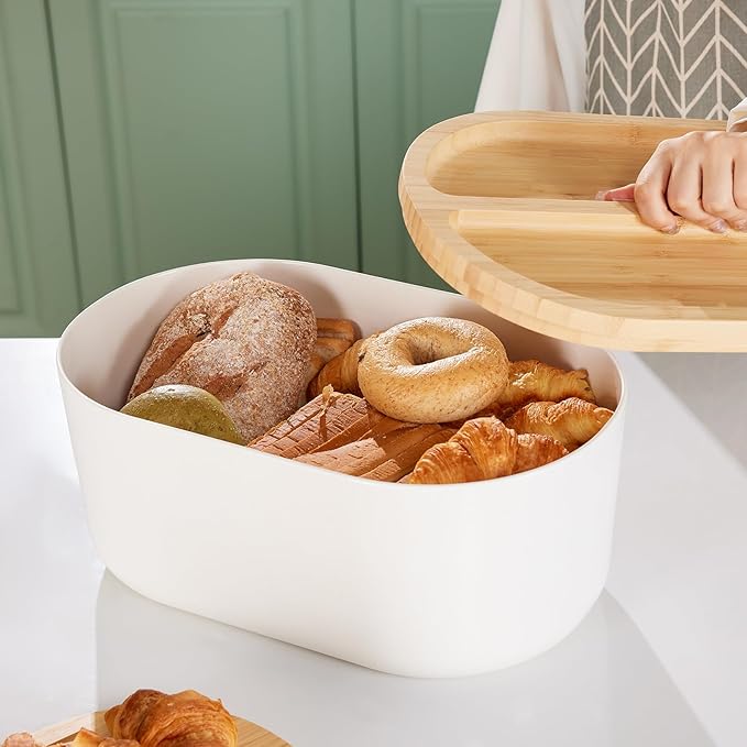 HouseJoy Large Bread Box for Kitchen Countertop,Fiber Bread Box With Thick Cutting Board Lid-Includes,White Bread Storage for Homemade Container,Corner Bread Holder for Toast Bagel Donut Cookies