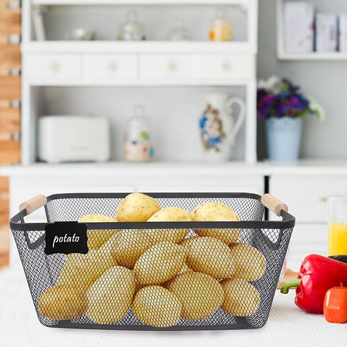 Potato and Onion Storage Bin, 2 Set Potato Bin Storage and Onion Container with Wooden Handle, Pantry Kitchen Organization and Storage, Metal Mesh Baskets for Fruit, Vegetable, Produce-Black