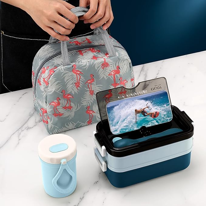 Adult Bento Lunch Box Kit, Bento Boxes Portable Lunch Box, Adult Bento Box with Lunch Bag, Bento Lunch Containers for Women, 1200ml Large Capacity Lunchbox BPA-Free(Blue Metal)