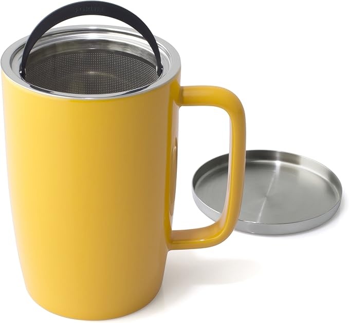 FORLIFE Dew Glossy Finish Brew-In-Mug with Basket Infuser & "Mirror" Stainless Lid 18 oz., Mandarin